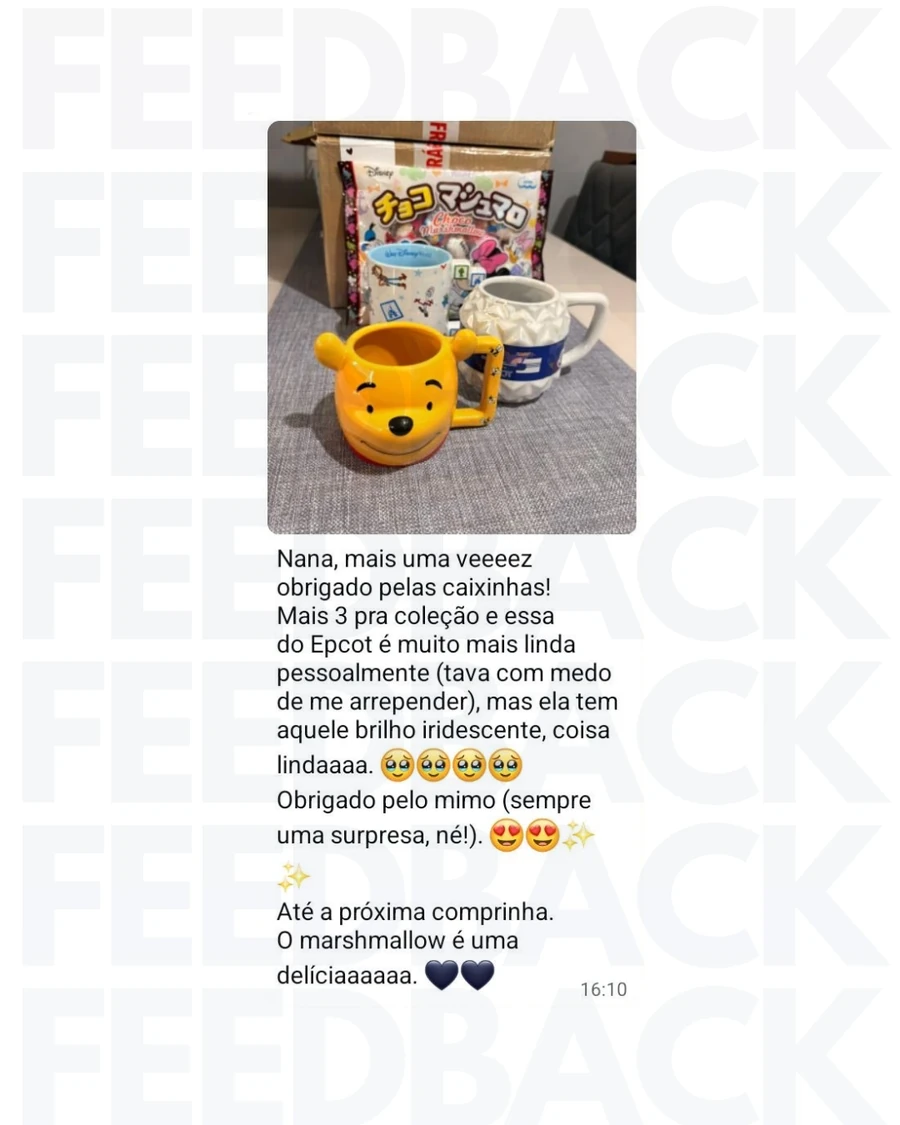 Feedback de cliente sobre canecas da Disney